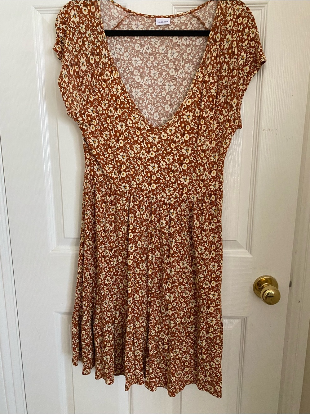 Floral V-Neck knee length Dress in Rust and Cream